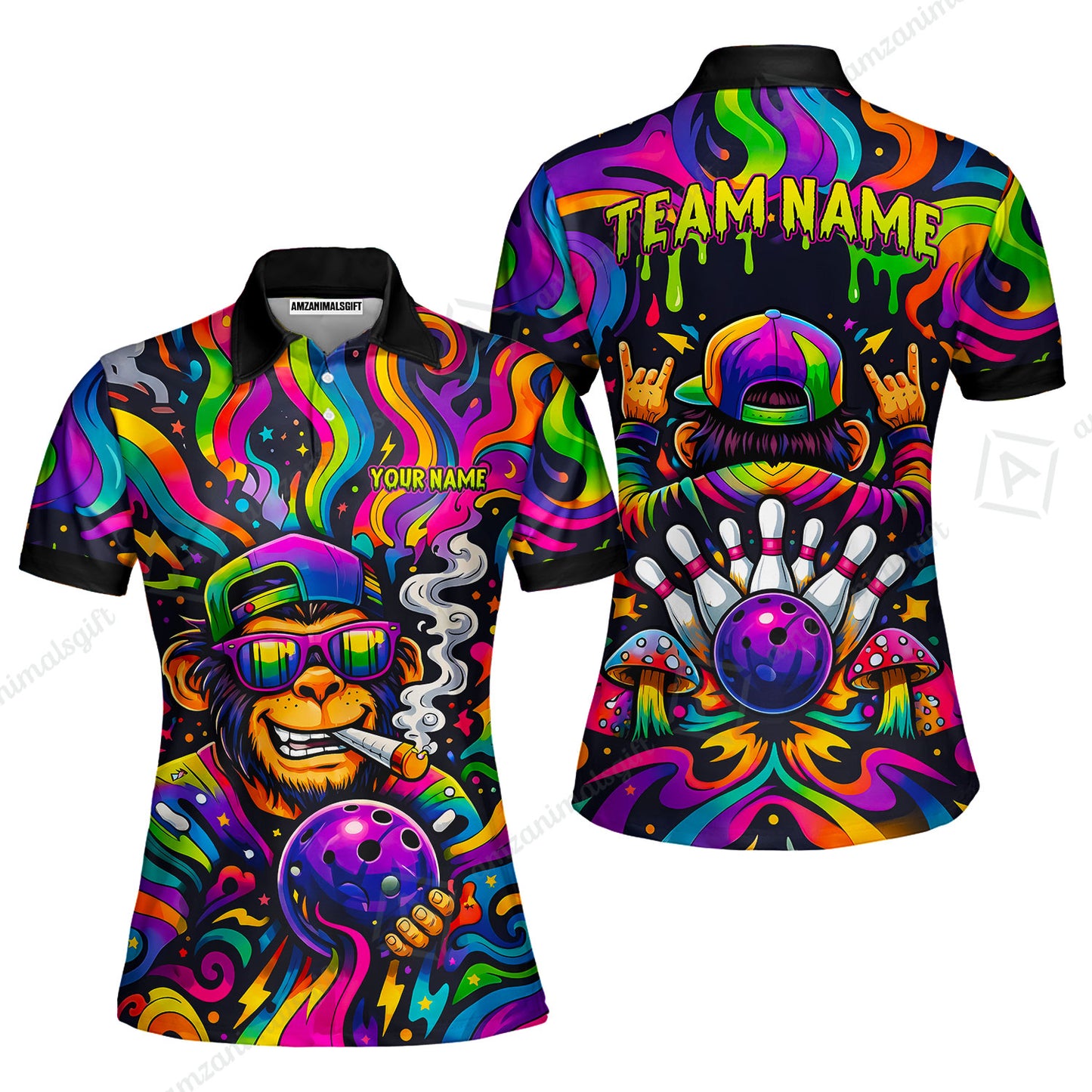 Custom Bowling Jersey Polo Shirt, Psychedelic Trippy Smoking Chimp, Custom Bowling Jersey Team Shirt For Players With Name and Team Name