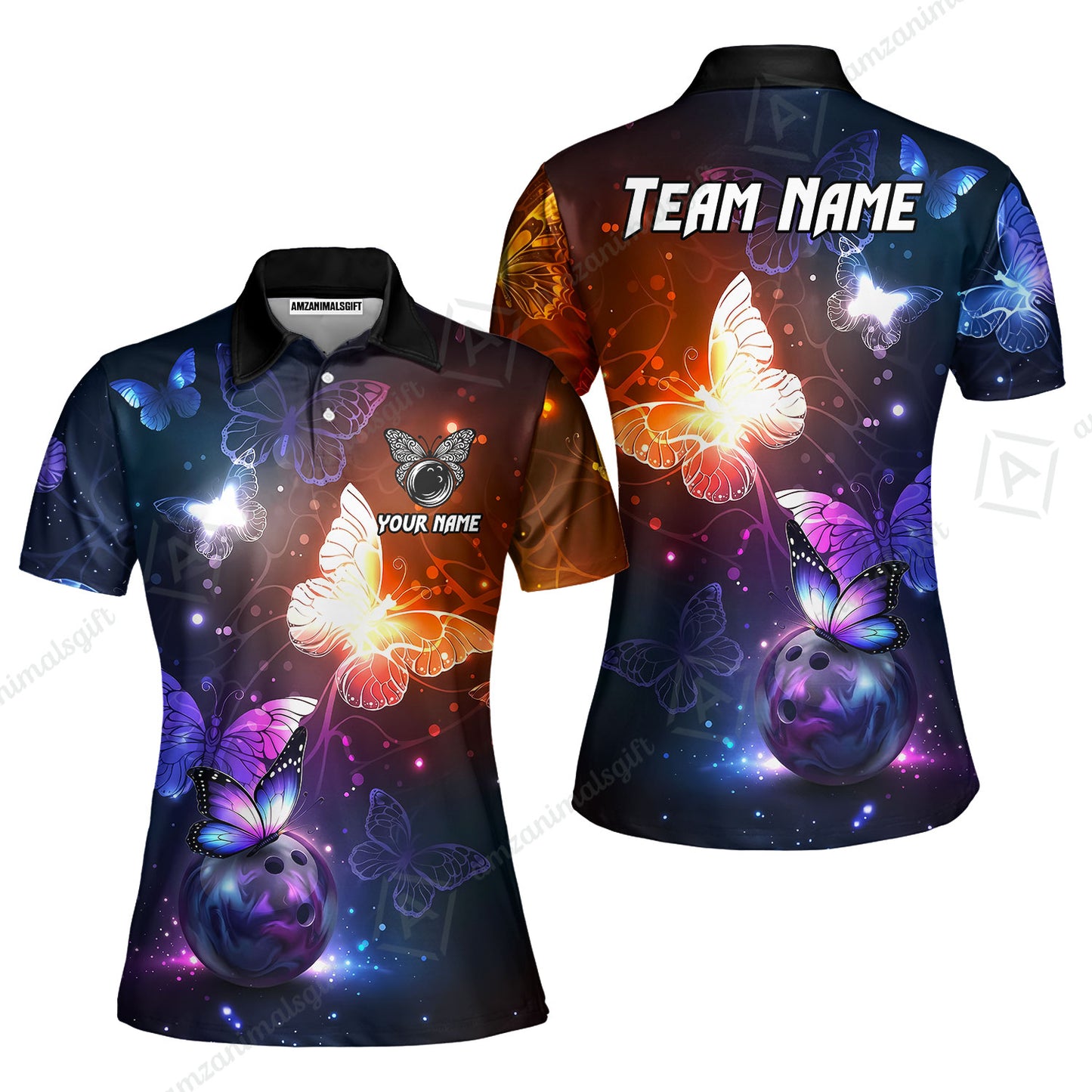 Custom Bowling Jersey Polo Shirt, Magical Glowing Butterfly Galaxy Pattern, Custom Bowling Jersey Team Shirt For Players With Name & Team Name