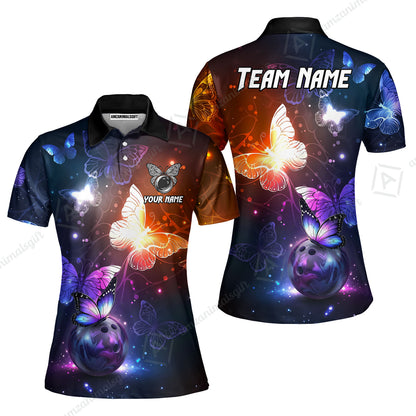 Custom Bowling Jersey Polo Shirt, Magical Glowing Butterfly Galaxy Pattern, Custom Bowling Jersey Team Shirt For Players With Name & Team Name