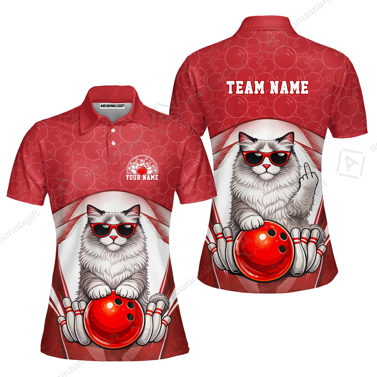 Custom Bowling Polo Shirt, Funny Cat with Sunglasses Bowling Custom Bowling Polo Team Shirt For Players With Name & Team Name