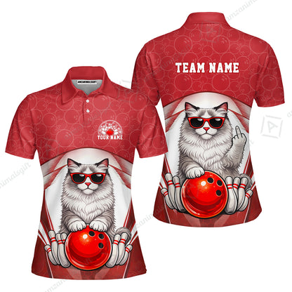 Custom Bowling Polo Shirt, Funny Cat with Sunglasses Bowling Custom Bowling Polo Team Shirt For Players With Name & Team Name