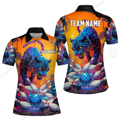 Custom Bowling Jersey Polo Shirt, Psychedelic Neon Jungle Jaguar, Custom Bowling Jersey Team Shirt For Players With Name and Team Name