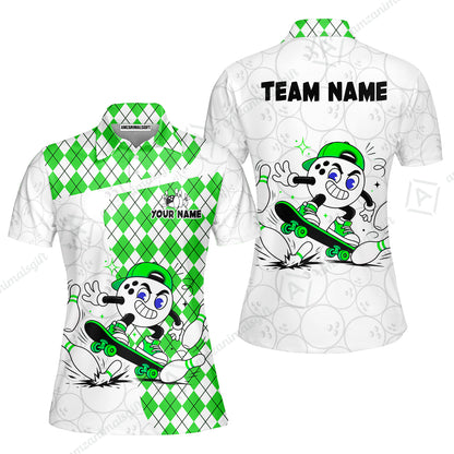 Custom Bowling Jersey Polo Shirt, Skateboarder Bowling Ball Mascot, Custom Bowling Jersey Team Shirt For Players With Name and Team Name