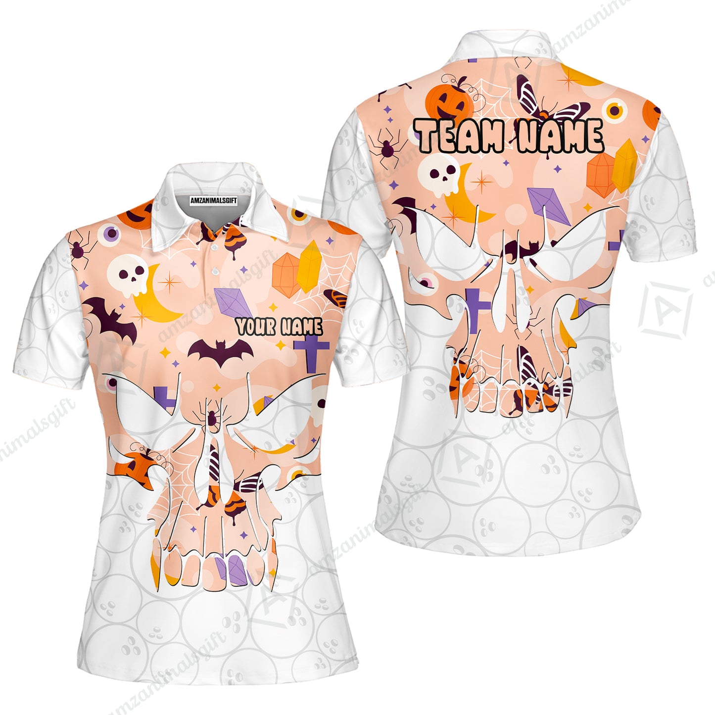 Custom Bowling Jersey Polo Shirt, Halloween Pattern Skull, Custom Bowling Jersey Team Shirt For Players With Name & Team Name