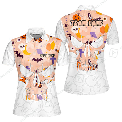 Custom Bowling Jersey Polo Shirt, Halloween Pattern Skull, Custom Bowling Jersey Team Shirt For Players With Name & Team Name