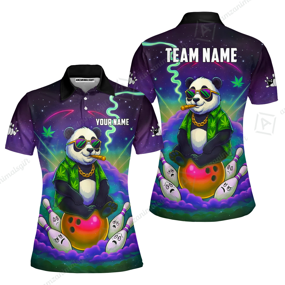 Custom Bowling Jersey Polo Shirt, Chill Panda & Cosmic Vibe, Custom Bowling Jersey Team Shirt For Players With Name & Team Name