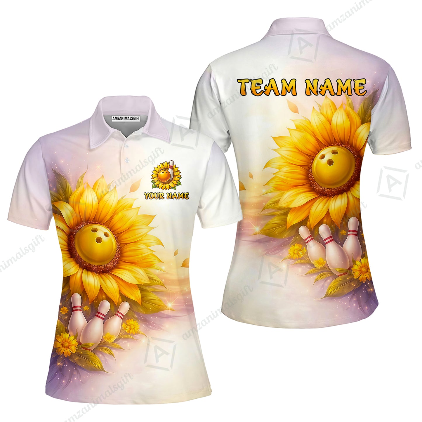 Custom Bowling Polo Shirt, Floral Sunflower Bowling Custom Bowling Polo Team Shirt For Players With Name & Team Name