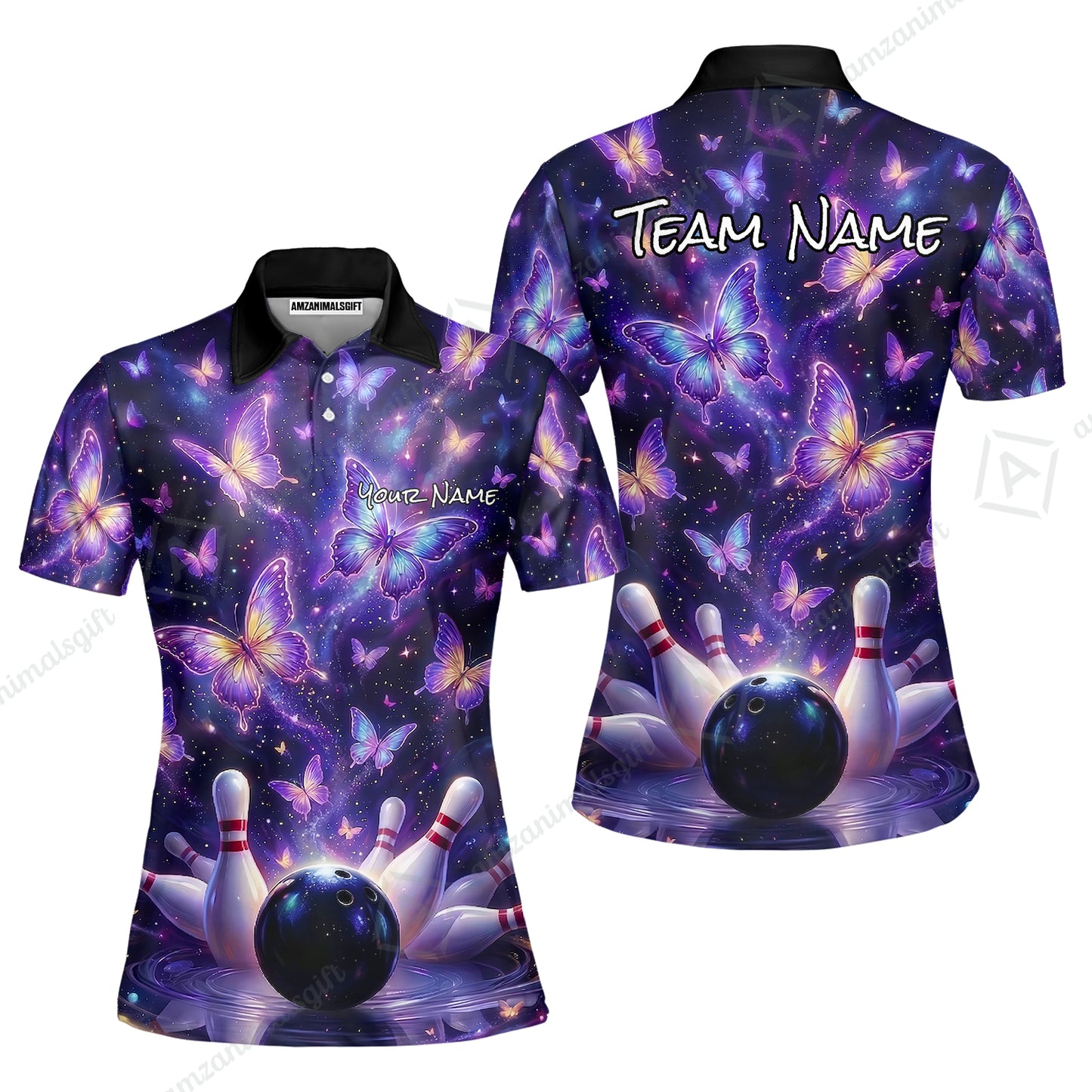 Custom Bowling Jersey Polo Shirt, Galaxy Butterfly Aesthetic Bowling, Custom Bowling Jersey Team Shirt For Players With Name & Team Name