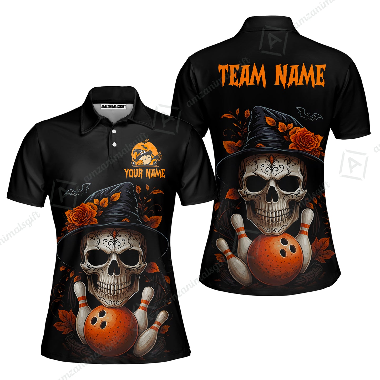 Customized Bowling Shirt, Halloween Skull Witch, Personalized Polo Shirt For Players With Name & Team Name