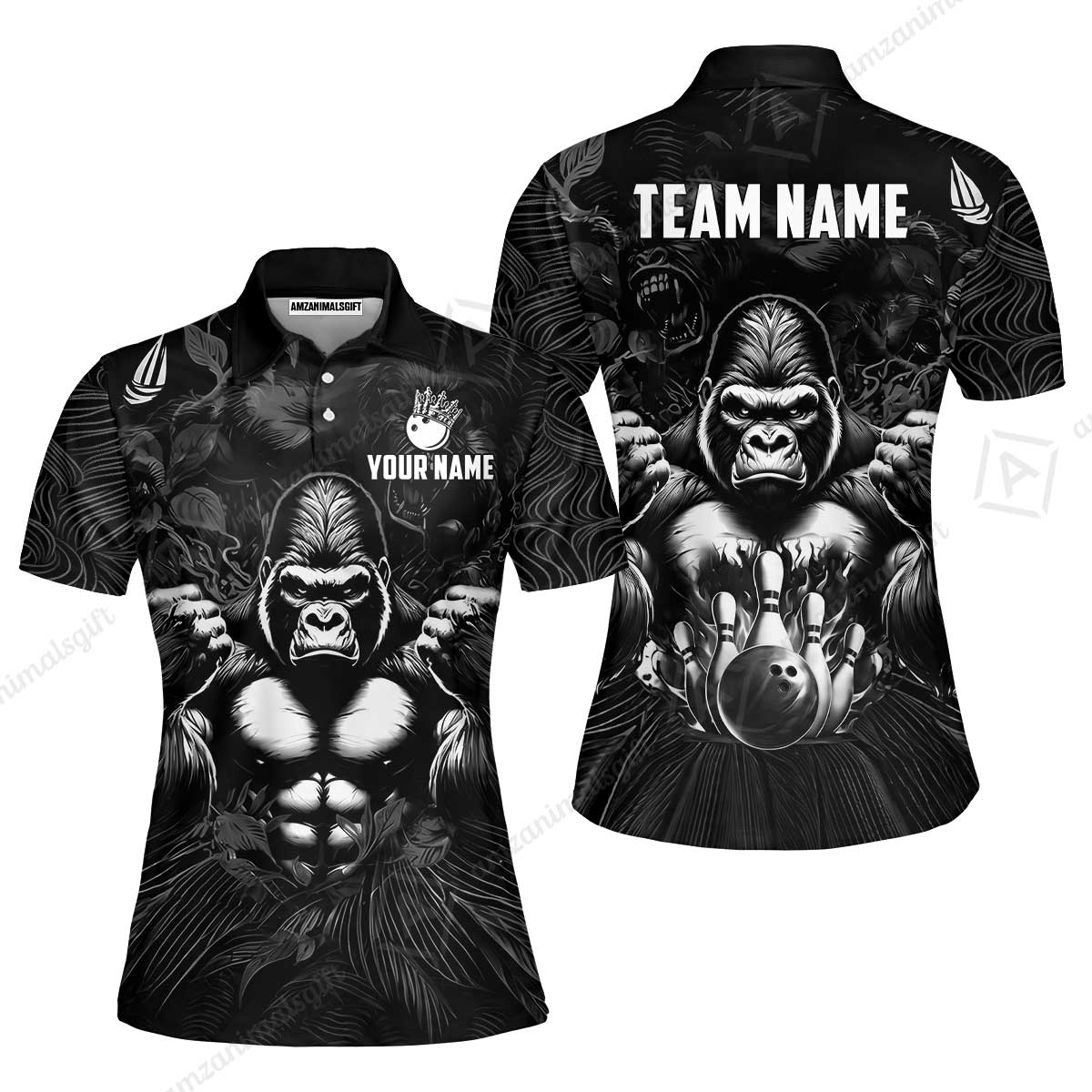 Custom Bowling Jersey Polo Shirt, Furious Gorilla Mascot, Custom Bowling Jersey Team Shirt For Players With Name & Team Name