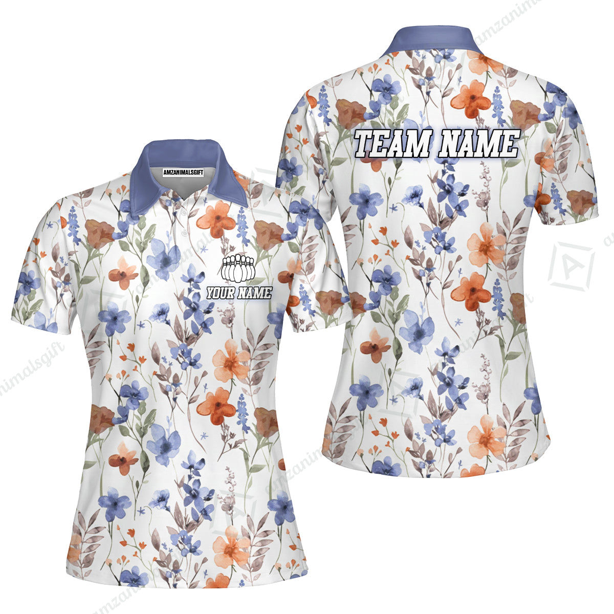 Customized Bowling Unisex Polo Shirt, Watercolor Floral Blossom Pattern, Bowling Uniform - Personalized Name Team Name