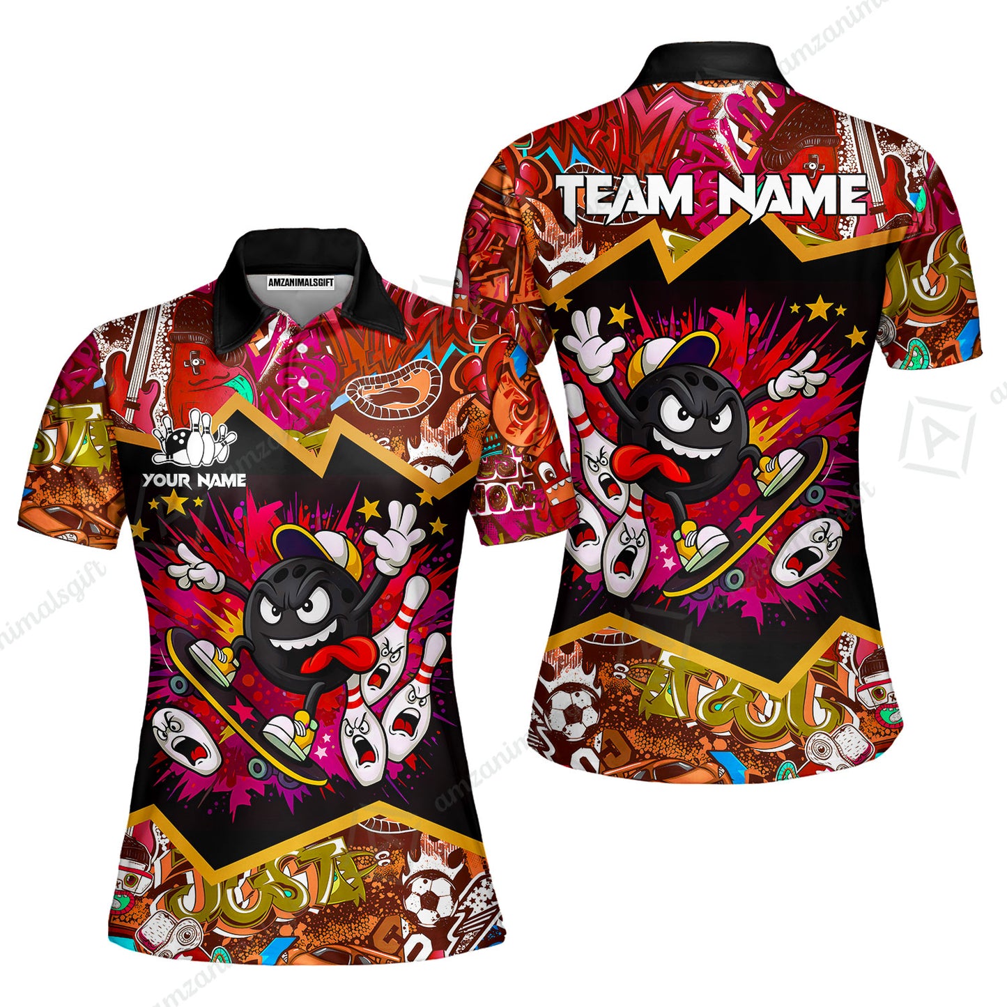 Customized Bowling Unisex Polo Shirt, Skater Bowling Ball Attack, Bowling Uniform, Personalized Name And Team Name