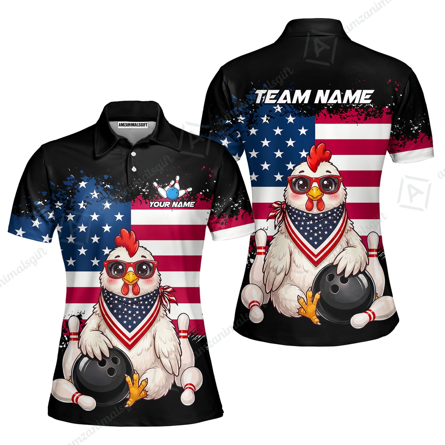 Custom Bowling Jersey Polo Shirt, Animal With Glasses And Bandana America Flag, Personalize Name & Team Name