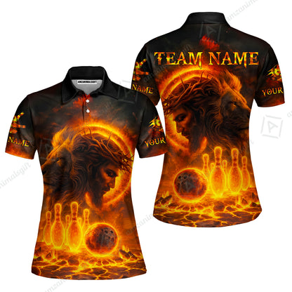 Custom Bowling Team Short Sleeve Men Polo Shirt, Flame The Lion OF Judah With Bowling, Custom Name and Team Name for Bowlers