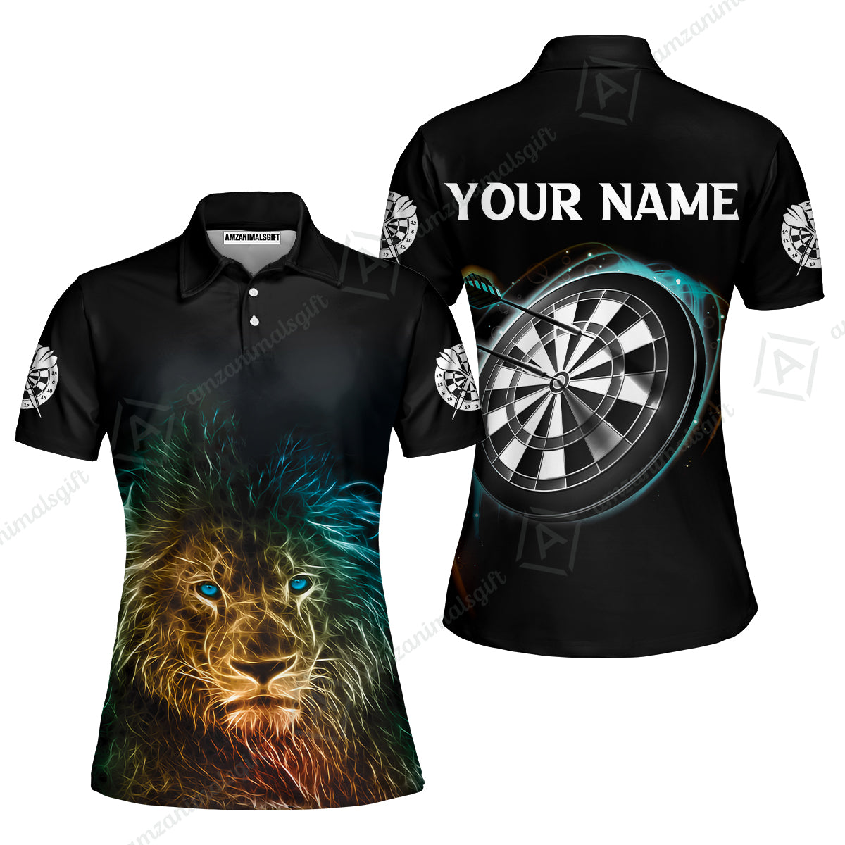 Customized Name Darts Polo Shirt, Blue Bullseye Dartboard Personalized Lion And Darts Polo Shirt