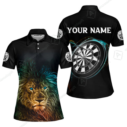 Customized Name Darts Polo Shirt, Blue Bullseye Dartboard Personalized Lion And Darts Polo Shirt