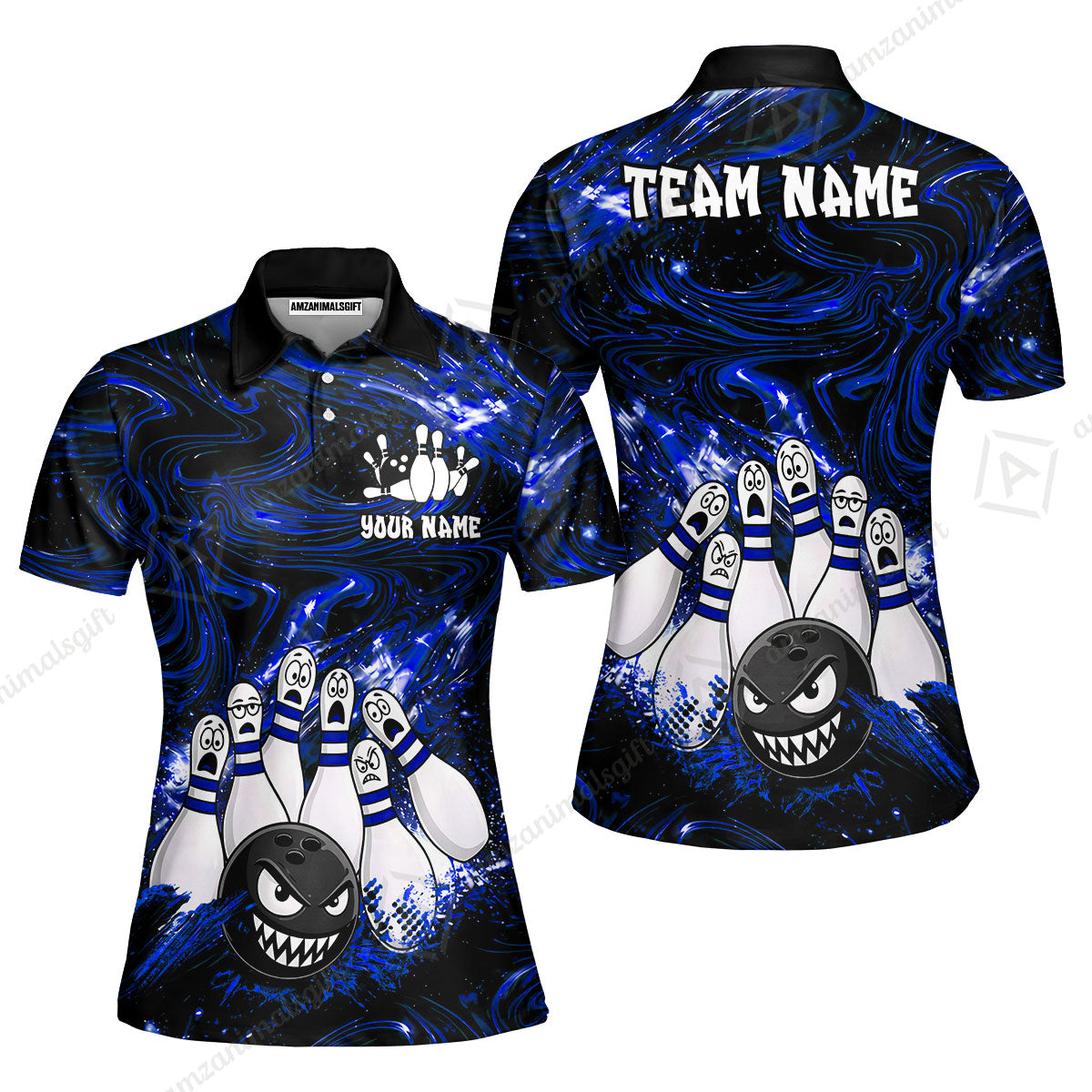Customized Bowling Unisex Polo Shirt, Bowling Angry Ball VS Screaming Pins, Personalized Name And Team Name