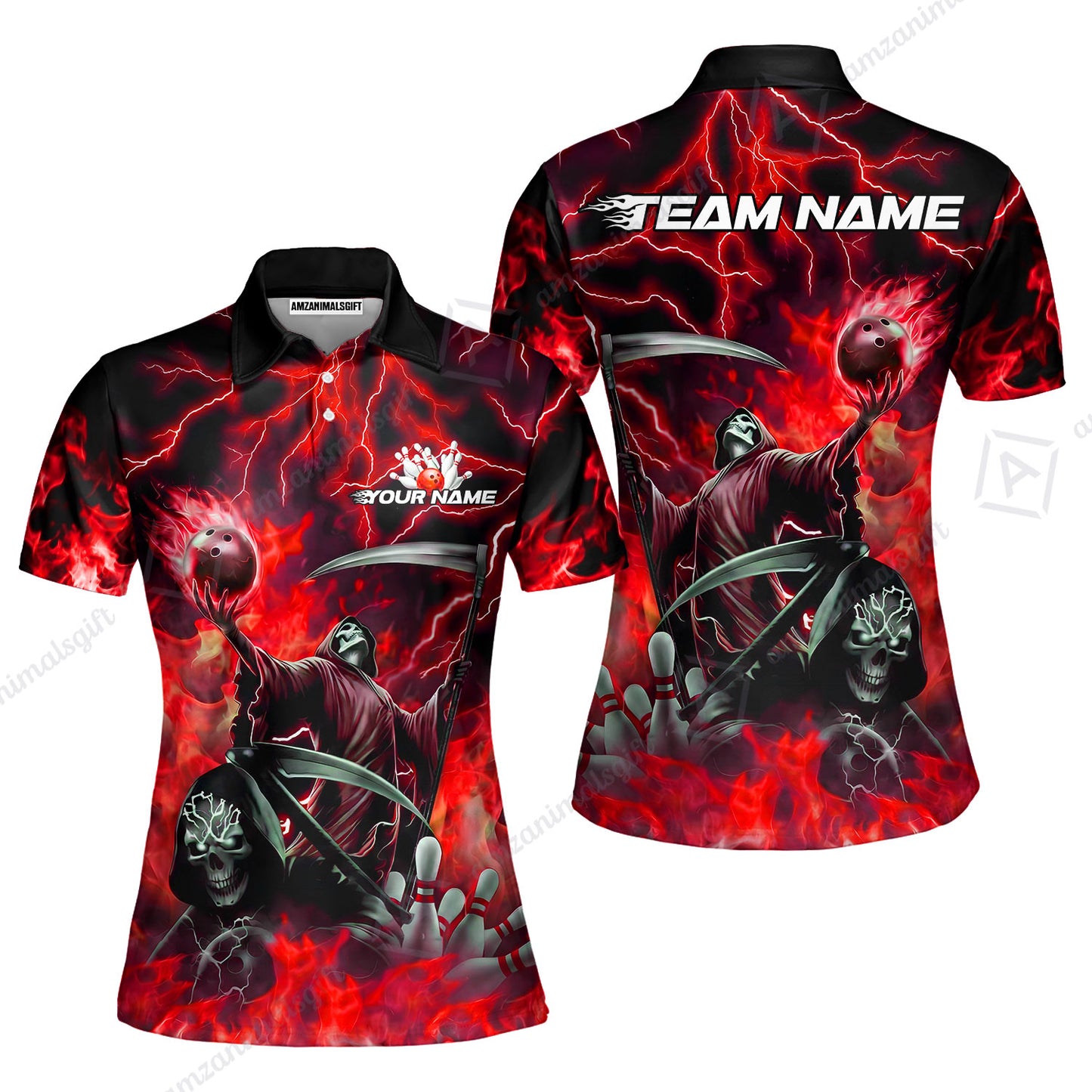 Custom Bowling Team Quarter-Zip Polo Shirt, Grim Reaper Skull With Flame Bowling Lightning Design for Bowlers, Personalized Shirt with Name and Team Name