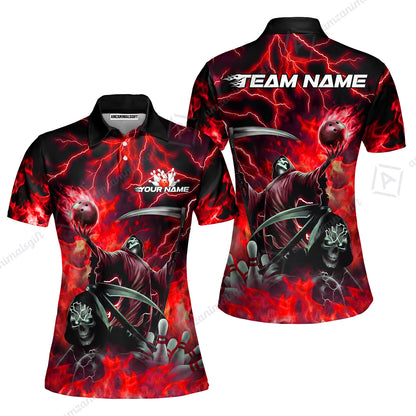 Custom Bowling Team Quarter-Zip Polo Shirt, Grim Reaper Skull With Flame Bowling Lightning Design for Bowlers, Personalized Shirt with Name and Team Name