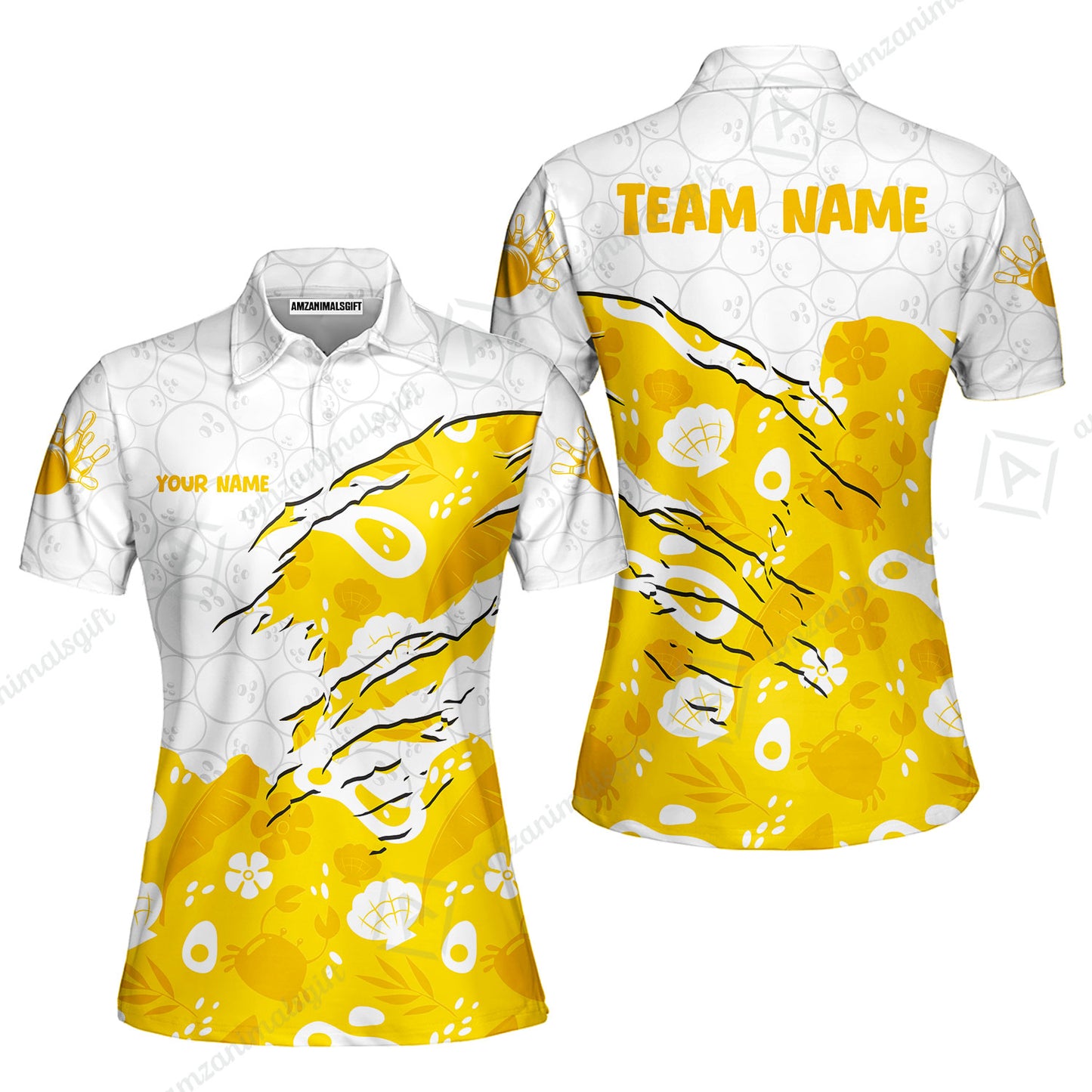 Custom Bowling Jersey Polo Shirt, Pattern Crab Half Crenate Ark Flower Glass, Personalize Name and Team Name