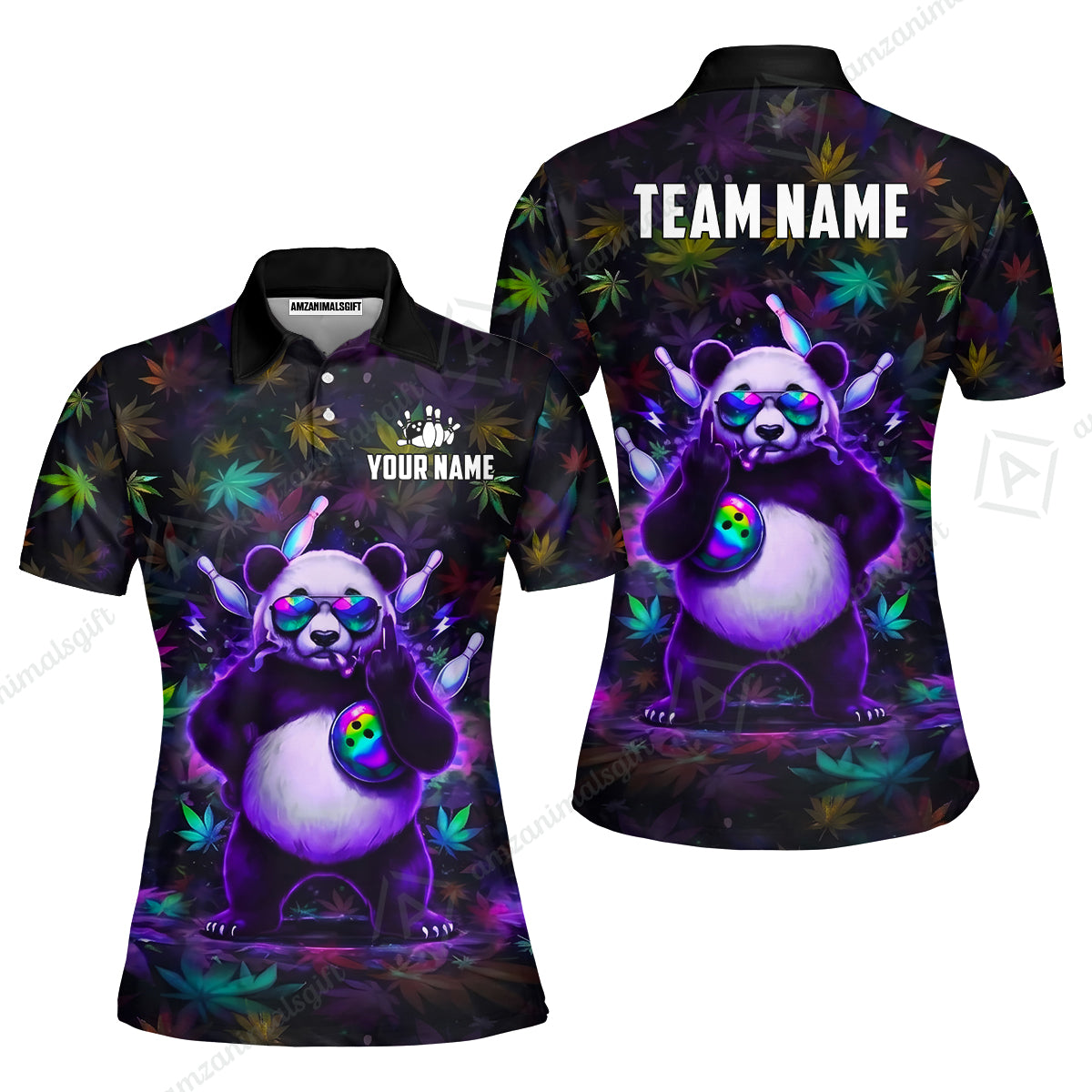 Custom Bowling Jersey Polo Shirt, Badass Stoner Panda & Psychedelic Leaves, Custom Bowling Jersey Team Shirt For Players With Name & Team Name