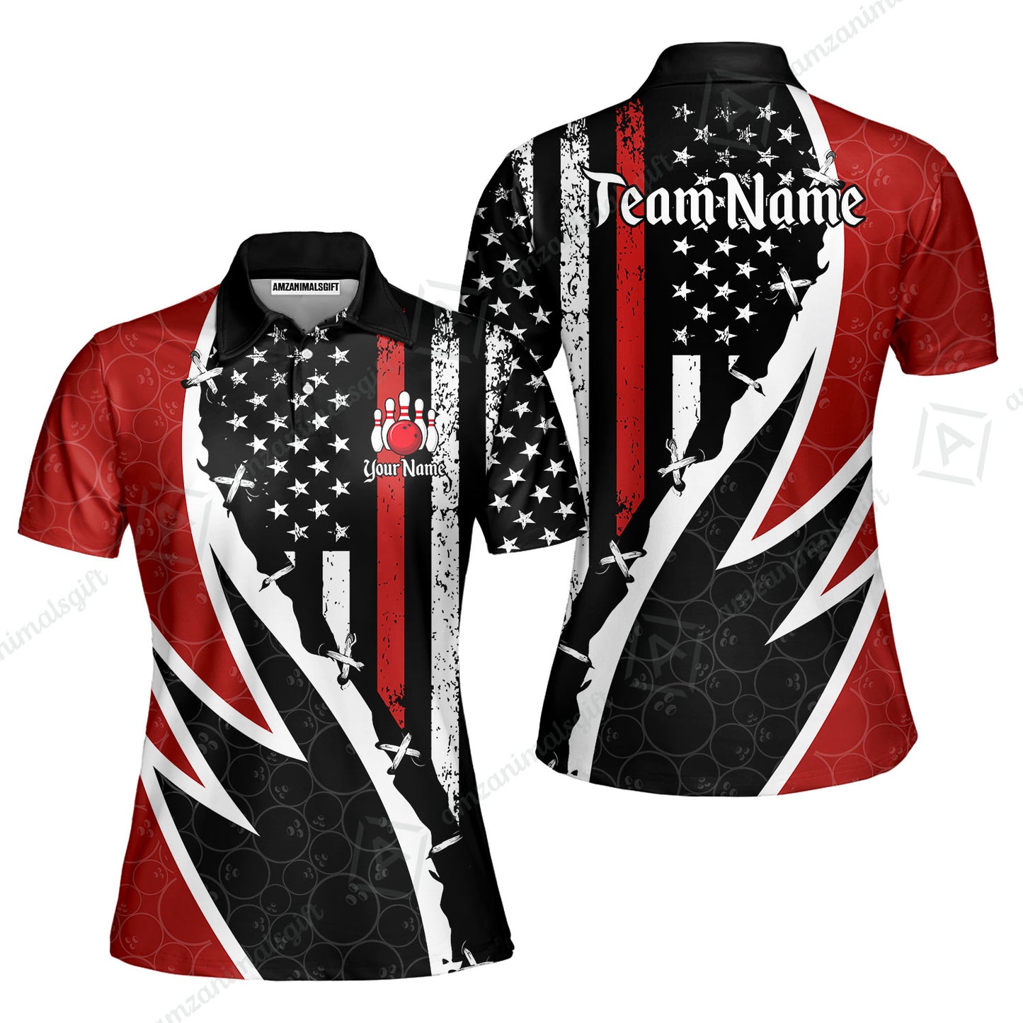 Custom Bowling Jersey Polo Shirt, Thin Red Line With Vintage Distressed American Flag, Personalize Name and Team Name