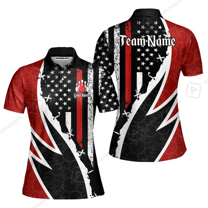 Custom Bowling Jersey Polo Shirt, Thin Red Line With Vintage Distressed American Flag, Personalize Name and Team Name