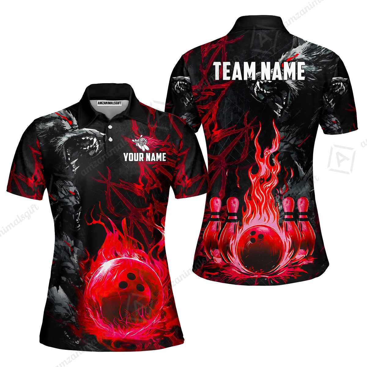 Custom Bowling Jersey Polo Shirt, Hellfire Werewolf & Crimson Strike, Custom Bowling Jersey Team Shirt For Players With Name & Team Name