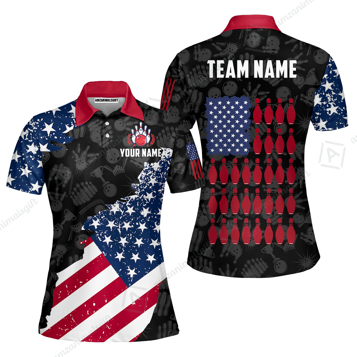 Custom Bowling Jersey Polo Shirt, Americana Patriotic Distressed Flag, Custom Bowling Jersey Team Shirt For Players With Name and Team Name