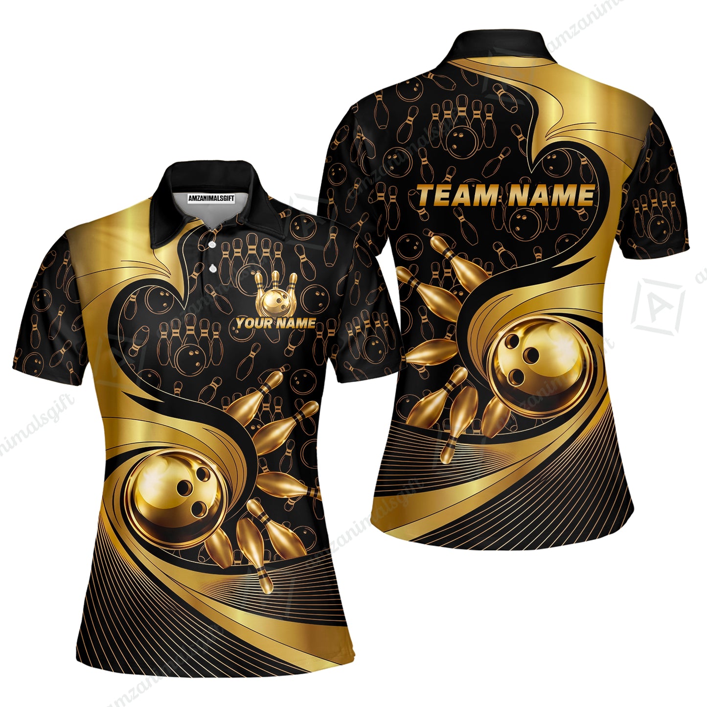 Custom Bowling Jersey Polo Shirt, Bowling Gold Swirling Pattern, Personalize Name and Team Name