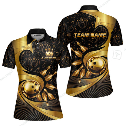 Custom Bowling Jersey Polo Shirt, Bowling Gold Swirling Pattern, Personalize Name and Team Name