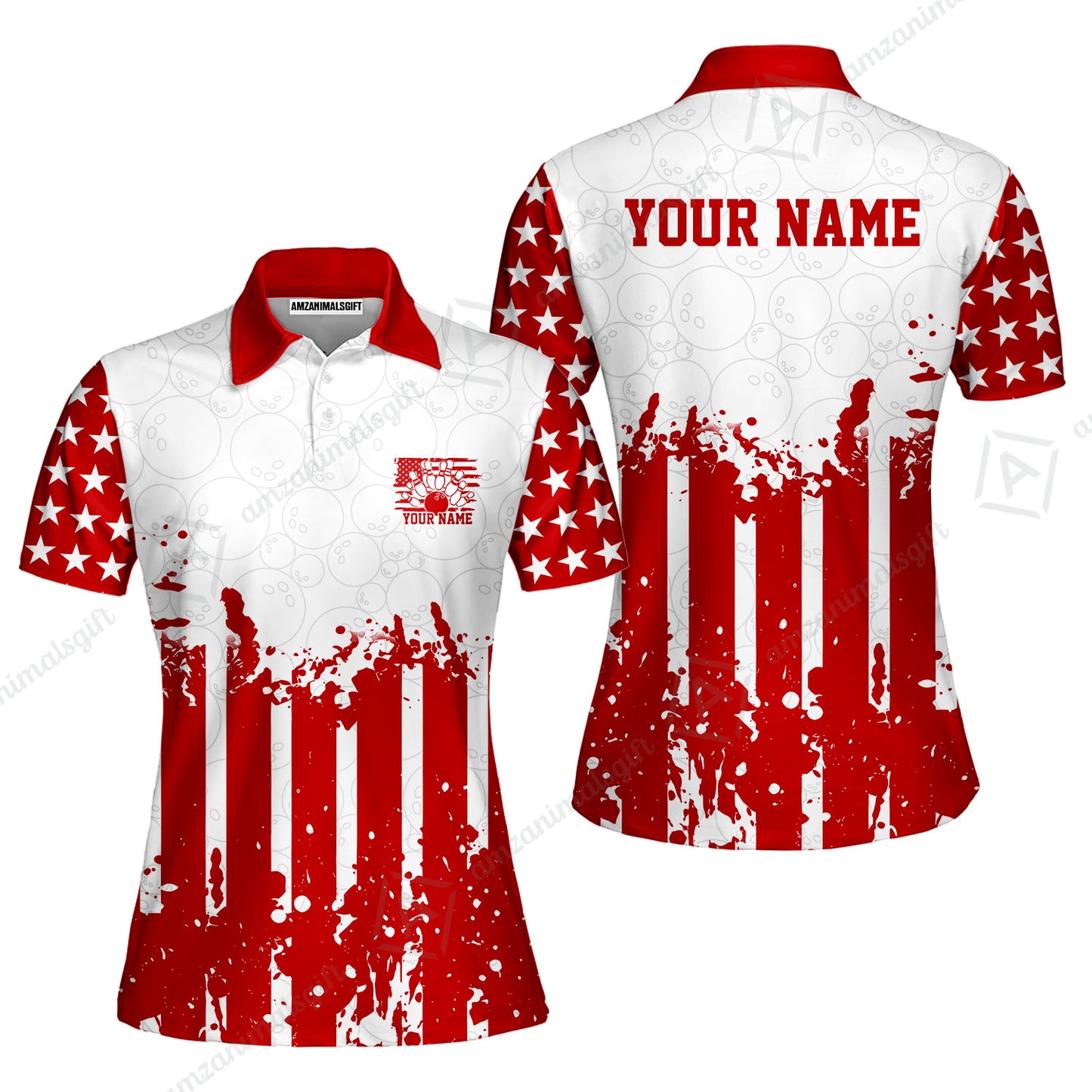 Custom Bowling Jersey Polo Shirt, Distressed Stars and Stripes Grunge, Custom Bowling Jersey Team Shirt For Players With Name and Team Name