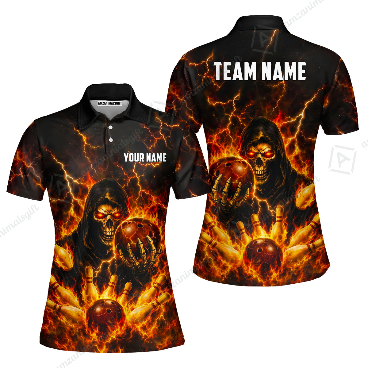 Custom Bowling Jersey Polo Shirt, Lightning Grim Reaper, Custom Bowling Jersey Team Shirt For Players With Name & Team Name