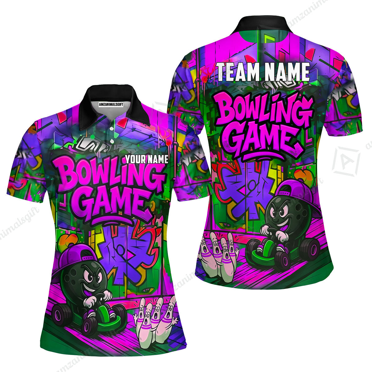 Custom Bowling Jersey Polo Shirt, Street Graffiti Go Kart Ball, Custom Bowling Jersey Team Shirt For Players With Name and Team Name