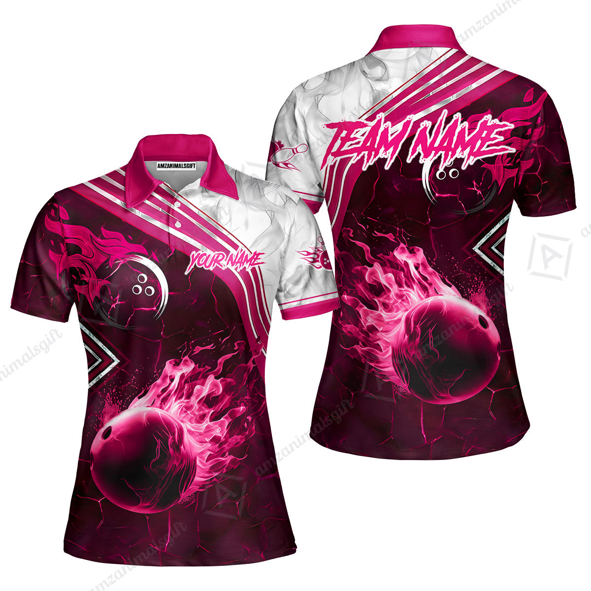 Customized Bowling Unisex Polo Shirt, Fire & Smoke Bowling Ball, Bowling Uniform - Personalized Name And Team Name