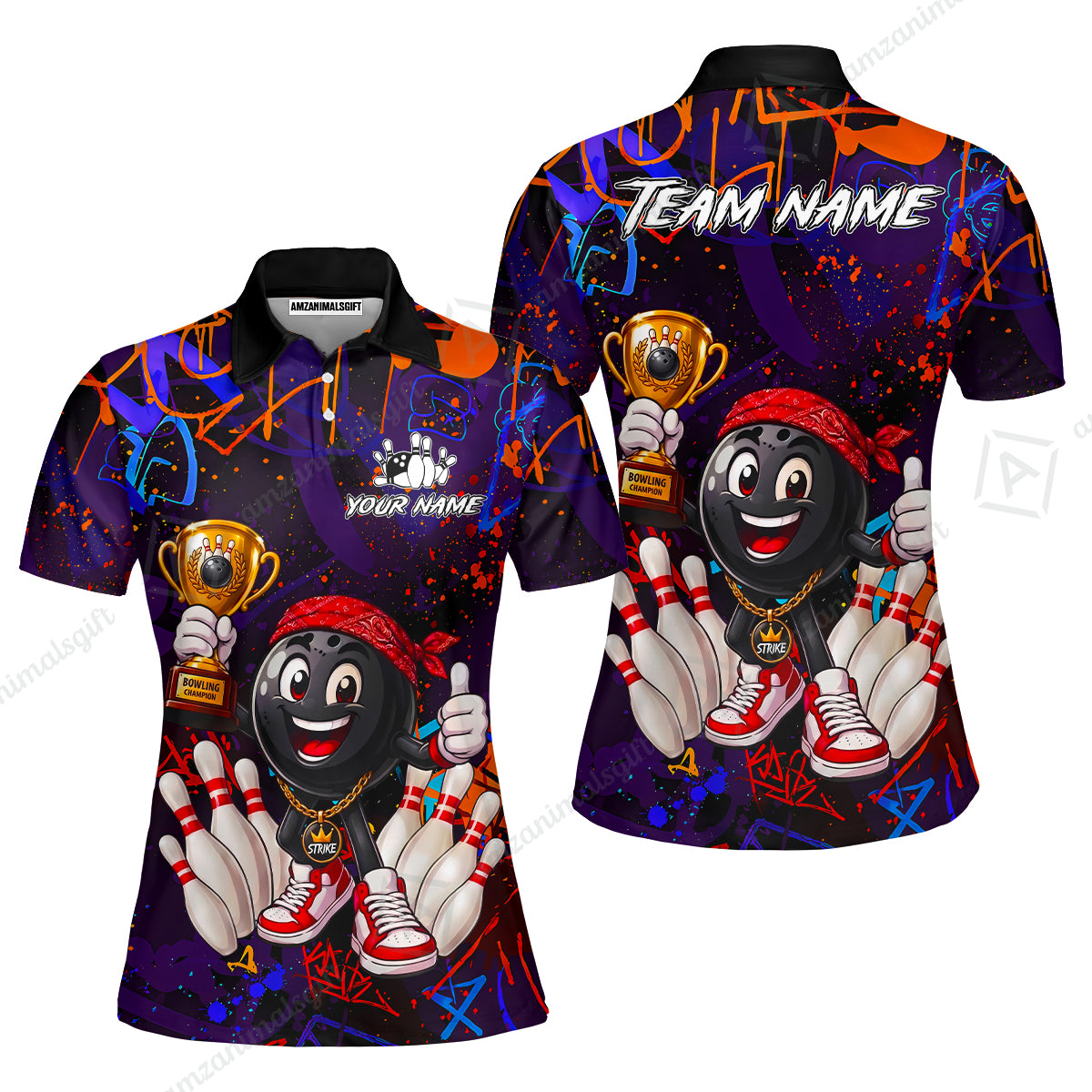 Custom Bowling Jersey Polo Shirt, Graffiti Champion, Custom Bowling Jersey Team Shirt For Players With Name & Team Name