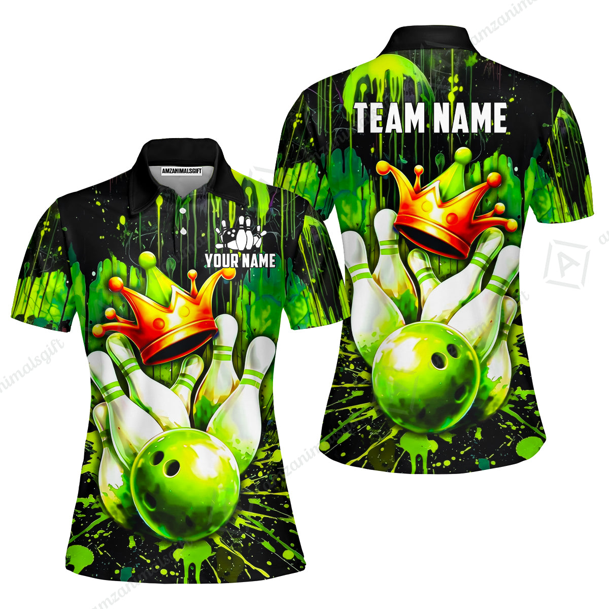 Custom Bowling Jersey Polo Shirt, Neon King Crown, Custom Bowling Jersey Team Shirt For Players With Name and Team Name