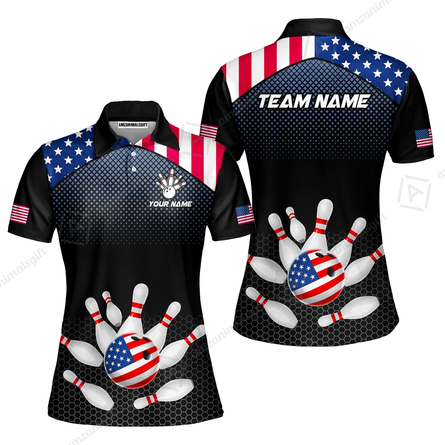 Custom Bowling Jersey Polo Shirt, Patriotic USA Flag Stars Stripes Tech Hexagon Pattern, Custom Bowling Jersey Team Shirt For Players With Name & Team Name