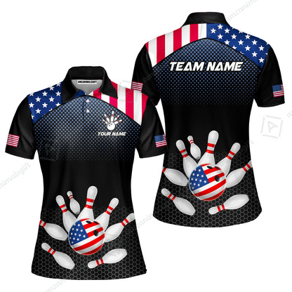 Custom Bowling Jersey Polo Shirt, Patriotic USA Flag Stars Stripes Tech Hexagon Pattern, Custom Bowling Jersey Team Shirt For Players With Name & Team Name