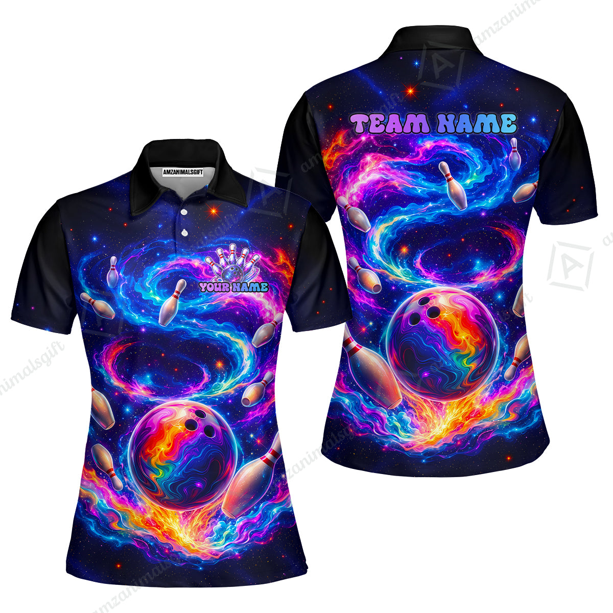 Custom Bowling Jersey Polo Shirt, Galaxy Bowling World, Personalized Name And Team Name
