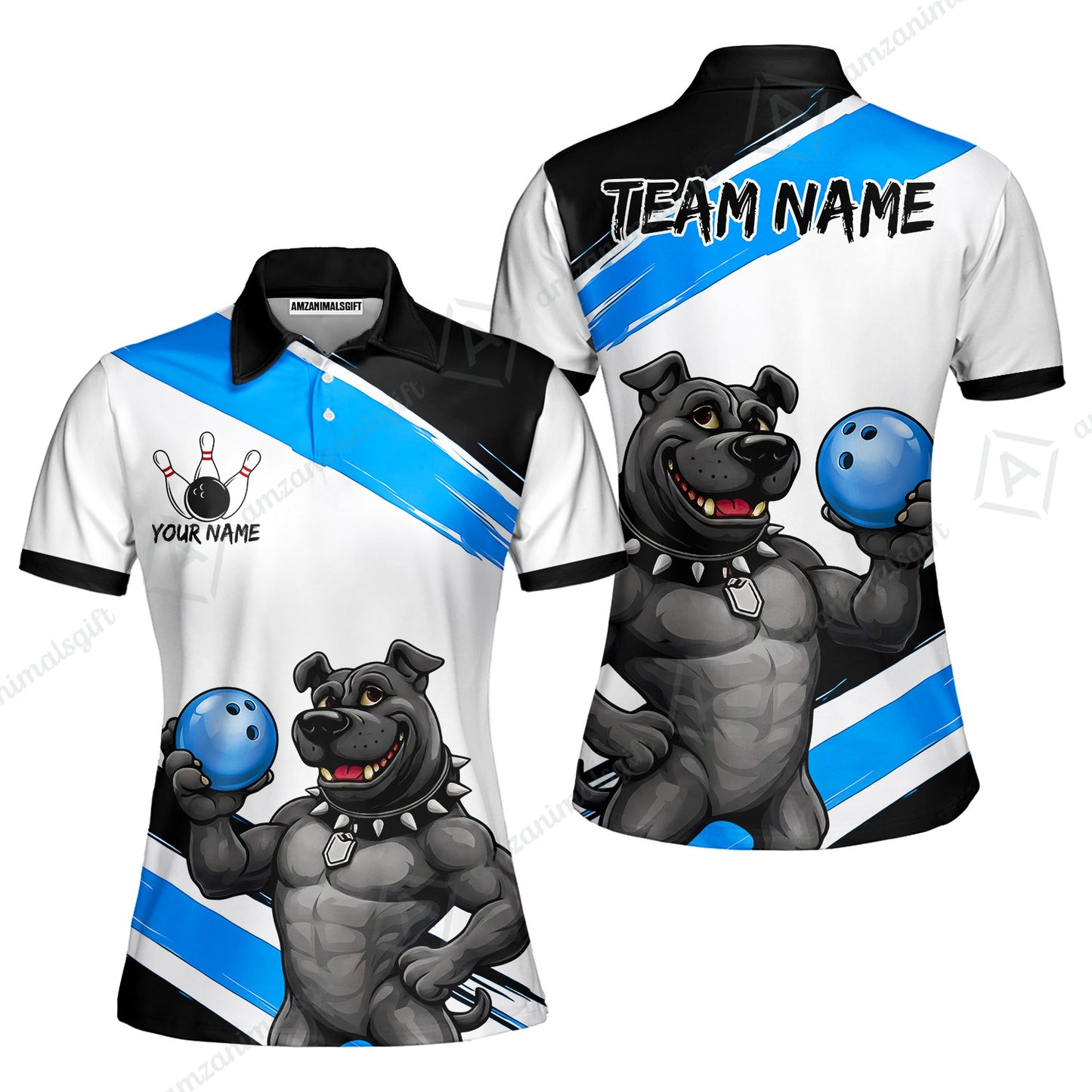 Custom Bowling Jersey Polo Shirt, Pitbull Hold Bowling Ball, Custom Bowling Jersey Team Shirt For Players With Name & Team Name