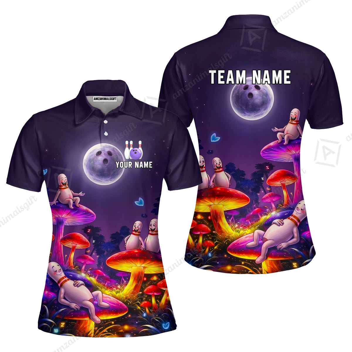 Custom Bowling Jersey Polo Shirt, Psychedelic Magic Mushroom Forest, Custom Bowling Jersey Team Shirt For Players With Name and Team Name