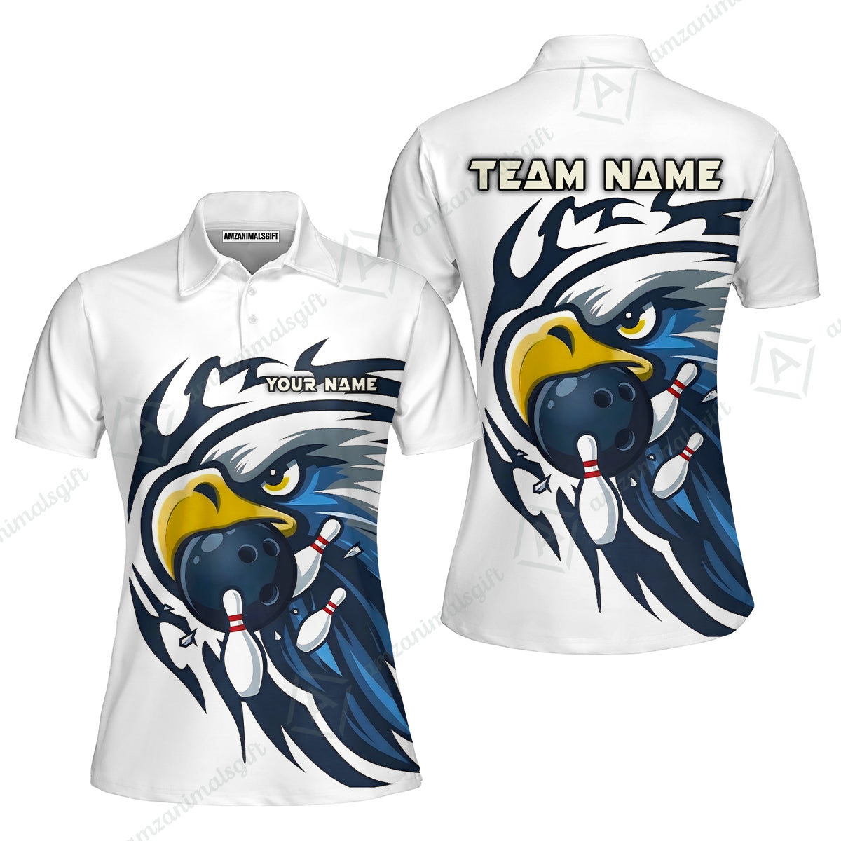 Custom Bowling Jersey Polo Shirt, Majestic Blue Eagle Mascot, Custom Bowling Jersey Team Shirt For Players With Name and Team Name