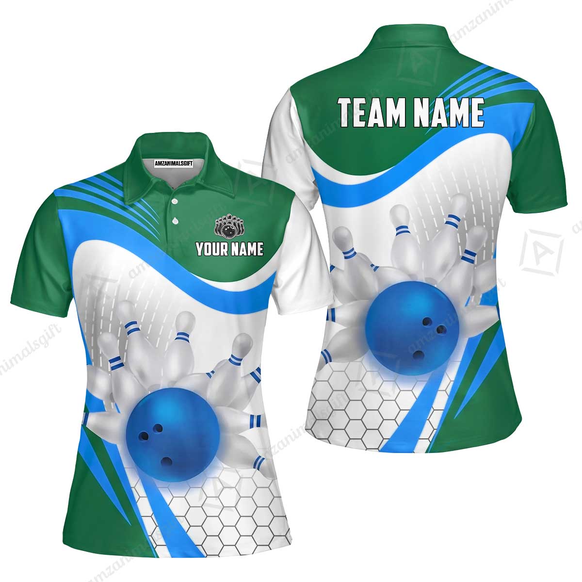 Custom Bowling Jersey Polo Shirt, Geometric Streamline & Fresh Mint, Custom Bowling Jersey Team Shirt For Players With Name & Team Name