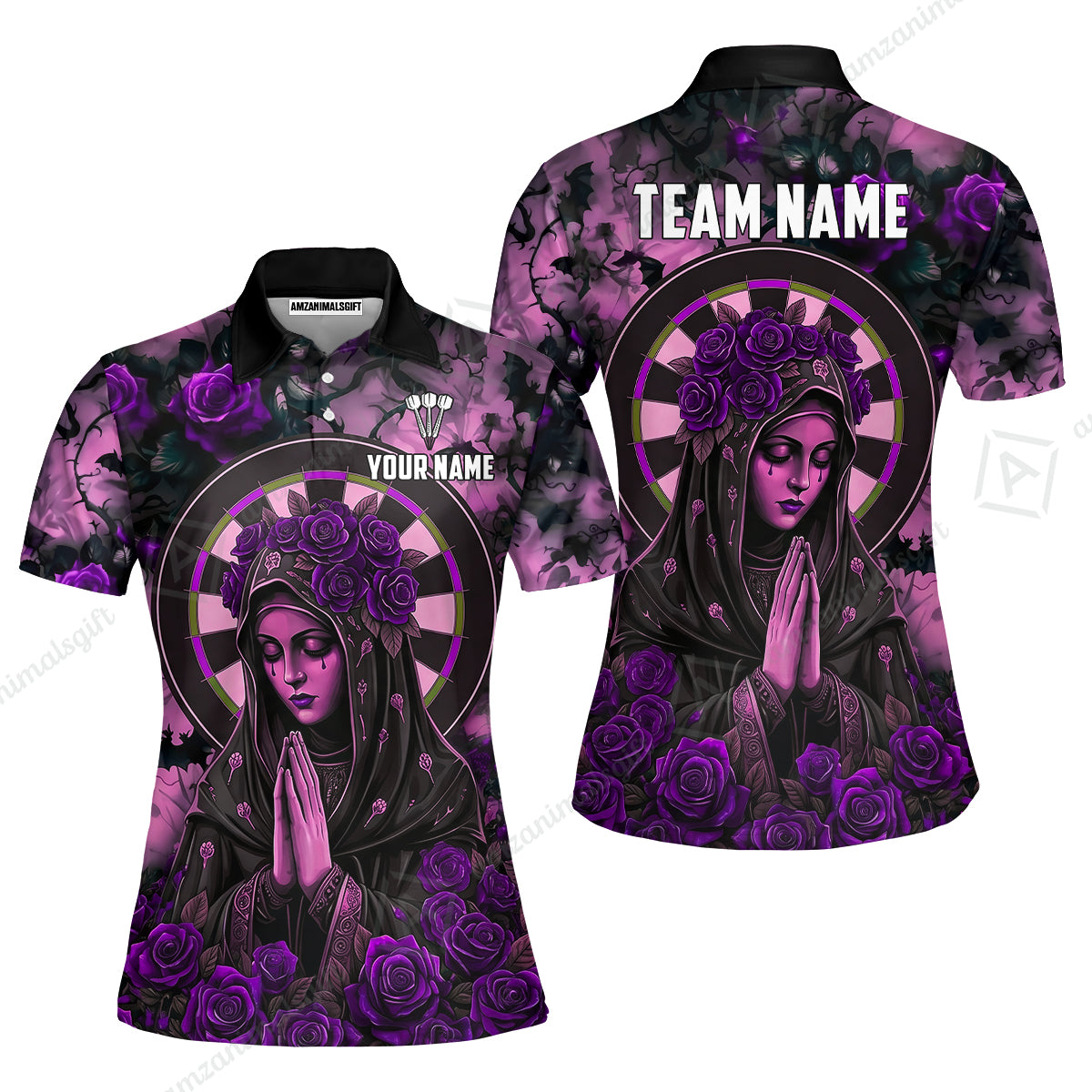 Custom Darts Jersey Polo Shirt, Gothic Madonna And Blue Rose, Custom Dart Jersey Team Shirt For Players With Name & Team Name