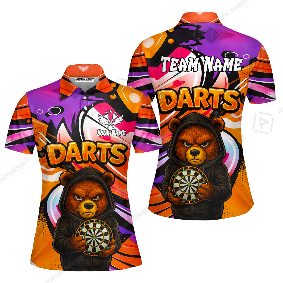 Customized Darts Team Uniform Shirt, Custom Darts Team Collar Quarter-Zip, Personalized Bear Darts Shirt with Name & Team Name
