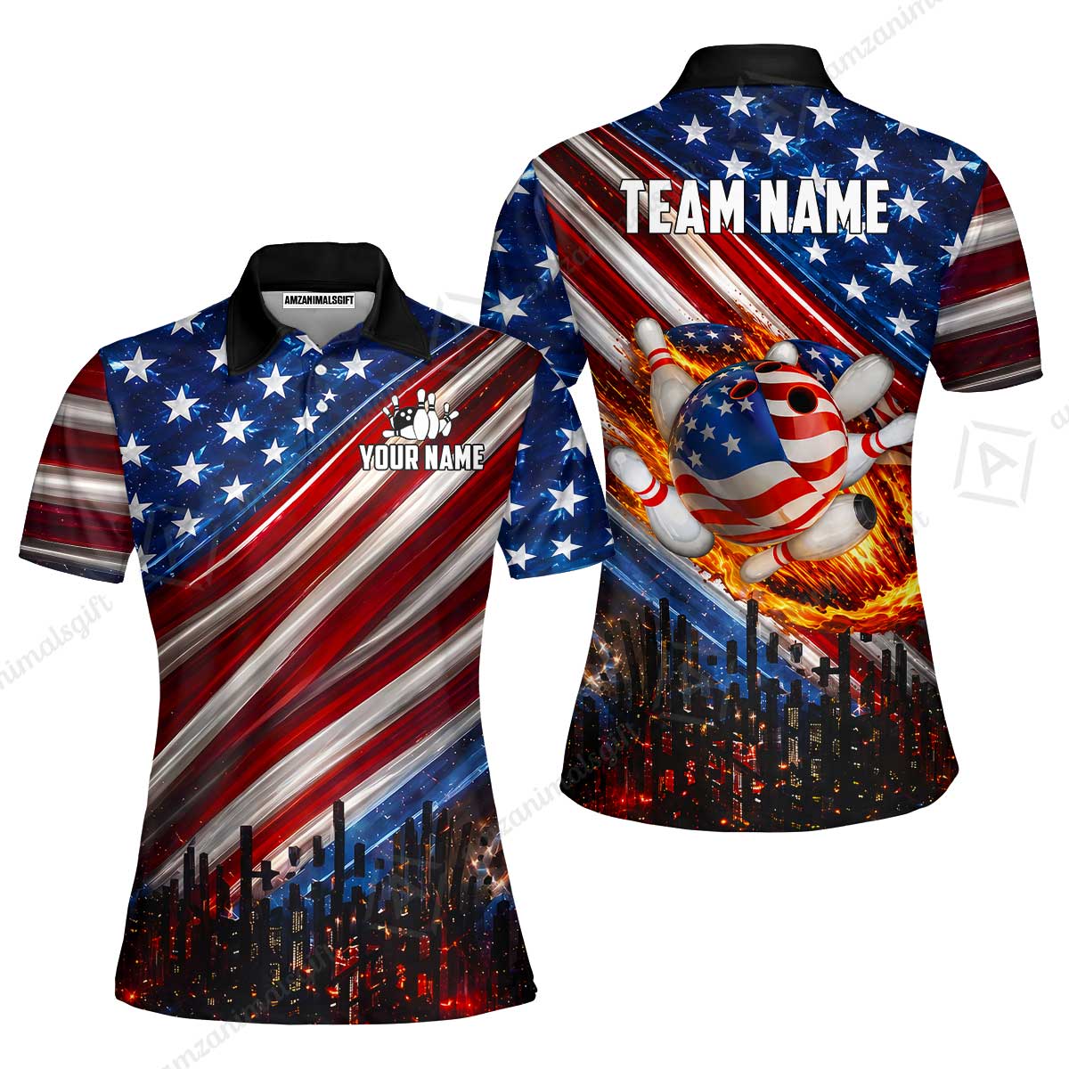 Customized American Flag Flaming Ball Bowling Jersey, Custom Name And Team Name For Bowlers