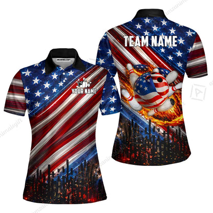 Customized American Flag Flaming Ball Bowling Jersey, Custom Name And Team Name For Bowlers