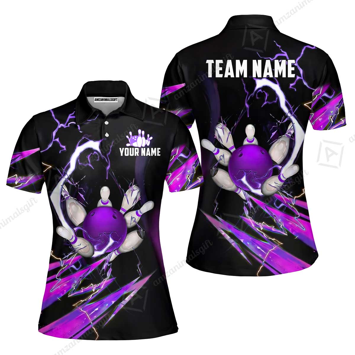 Custom Bowling Jersey Polo Shirt, Electric Strike & Neon Plasma, Custom Bowling Jersey Team Shirt For Players With Name & Team Name