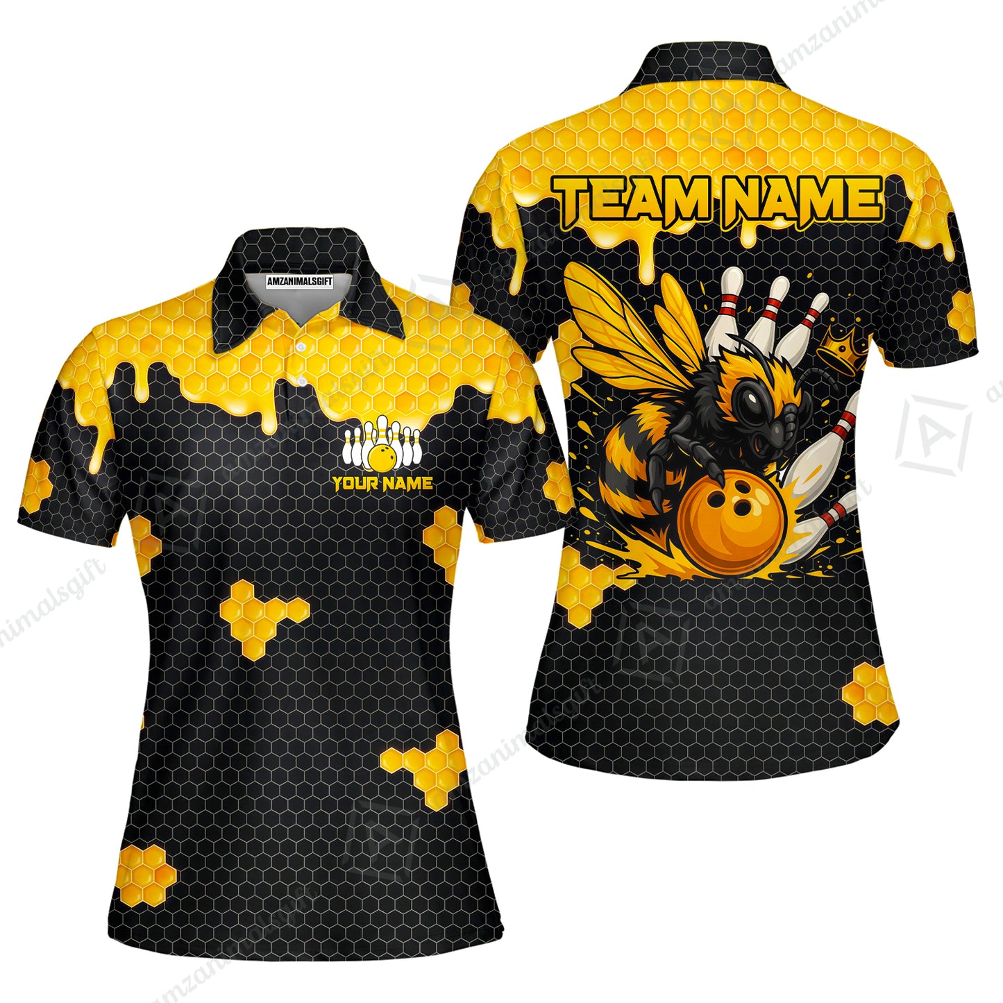 Custom Bowling Jersey Polo Shirt, Golden Honeycomb Hornet, Custom Bowling Jersey Team Shirt For Players With Name and Team Name